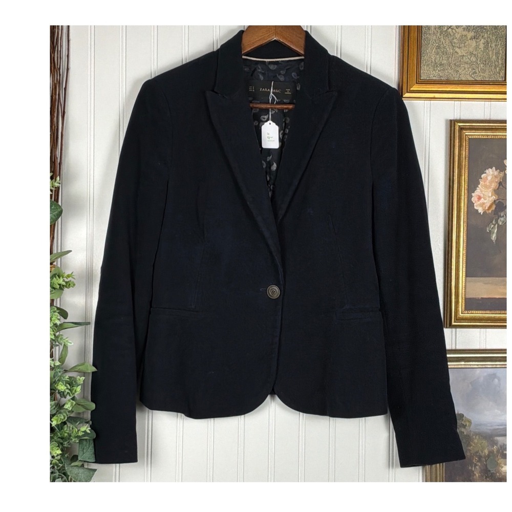 Zara Basic Blazer Womens Size M Navy Blue Excellent Elbow Patches Paisley